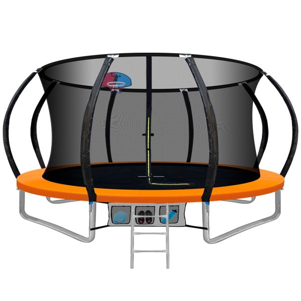 12FT Trampoline Round Trampolines With Basketball Hoop Kids Present Gift Enclosure Safety Net Pad Outdoor Orange