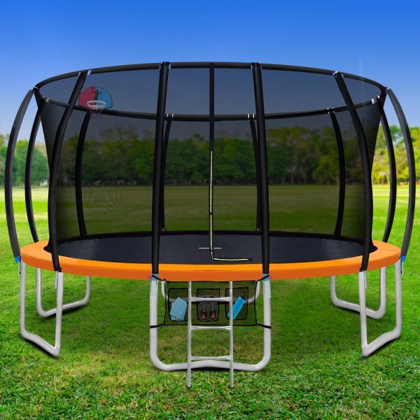 16FT Trampoline Round Trampolines With Basketball Hoop Kids Present Gift Enclosure Safety Net Pad Outdoor Orange