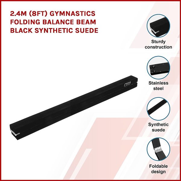 2.4m (8FT) Gymnastics Folding Balance Beam Black Synthetic Suede