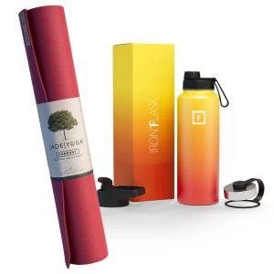 Harmony Mat – Raspberry & Iron Flask Wide Mouth Bottle with Spout Lid, Fire, 32oz/950ml Bundle