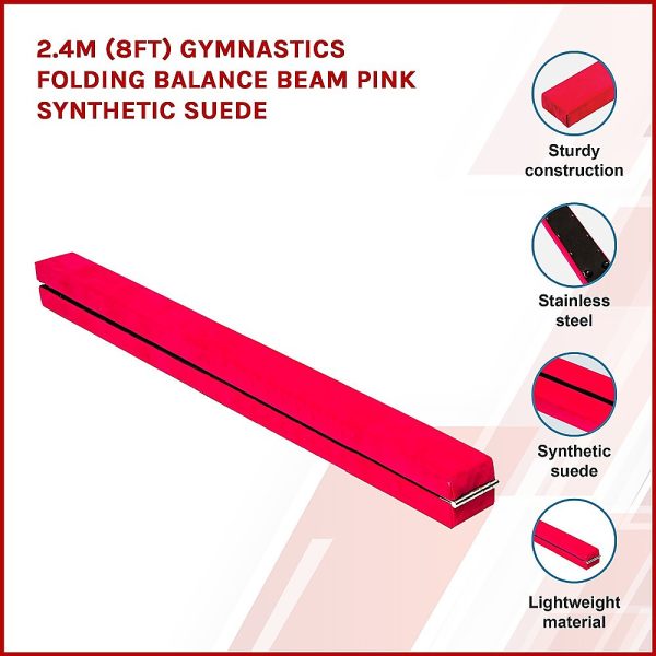 2.4m (8FT) Gymnastics Folding Balance Beam Black Synthetic Suede – Pink