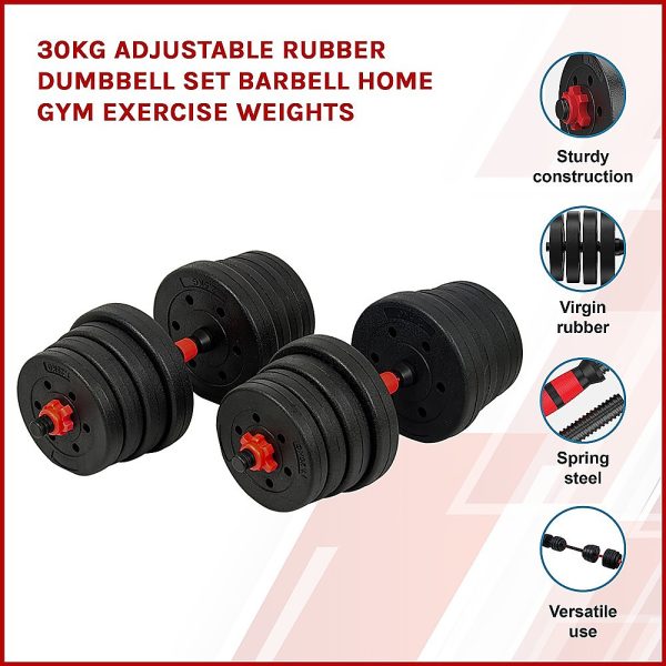 Adjustable Rubber Dumbbell Set Barbell Home GYM Exercise Weights – 30 KG